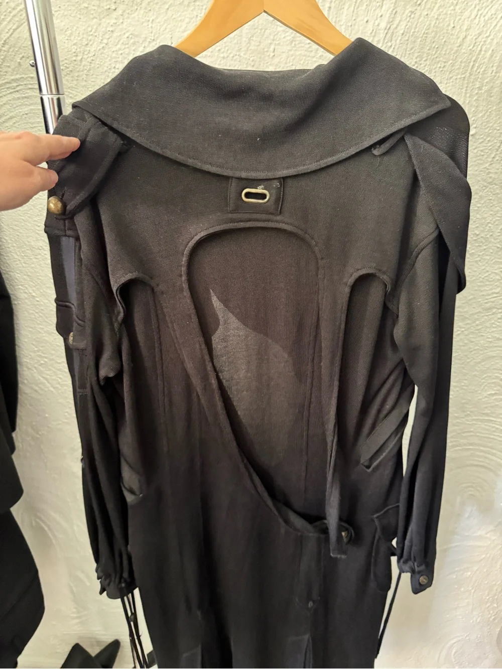 L.A.M.B. Black Draped Long Trench Coat with Embroidered Collar Detail - Picture 3 of 5